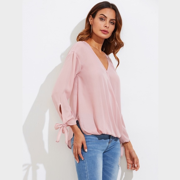 Pink Faux Wrap Blouse with Ties Detailed Sleeves - Picture 3 of 6